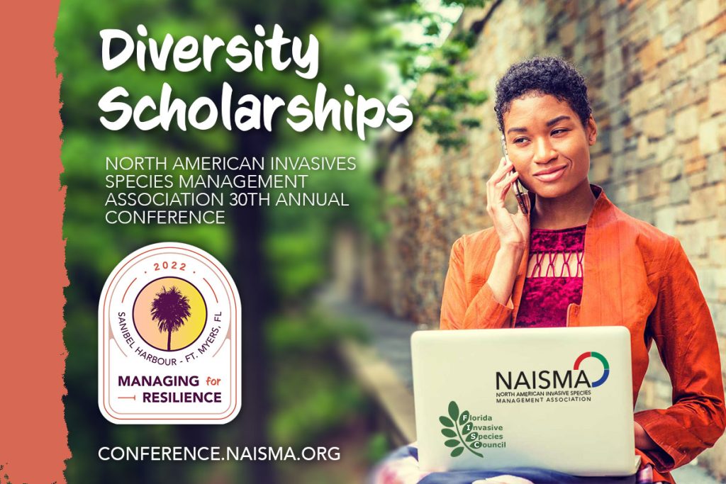 Diversity Scholarships ad with conference logo pointing to URL conference.naisma.org; a woman is on her cellphone with a laptop in her lap; the woman is black, with short-cropped hair and an orange jacket. She is sitting near a stone wall next to trees; her laptop has the logos for NAISMA and FISC on it